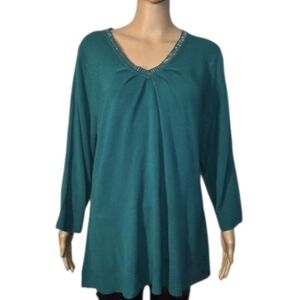 Susan Graver Top Tunic Vneck Beaded Shirt Green Womens Size XL NWT